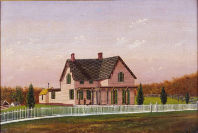 Artist unidentified, “The Pink House,” Probably New England, 1860, Oil on canvas, 16 × 24 1/2 i…