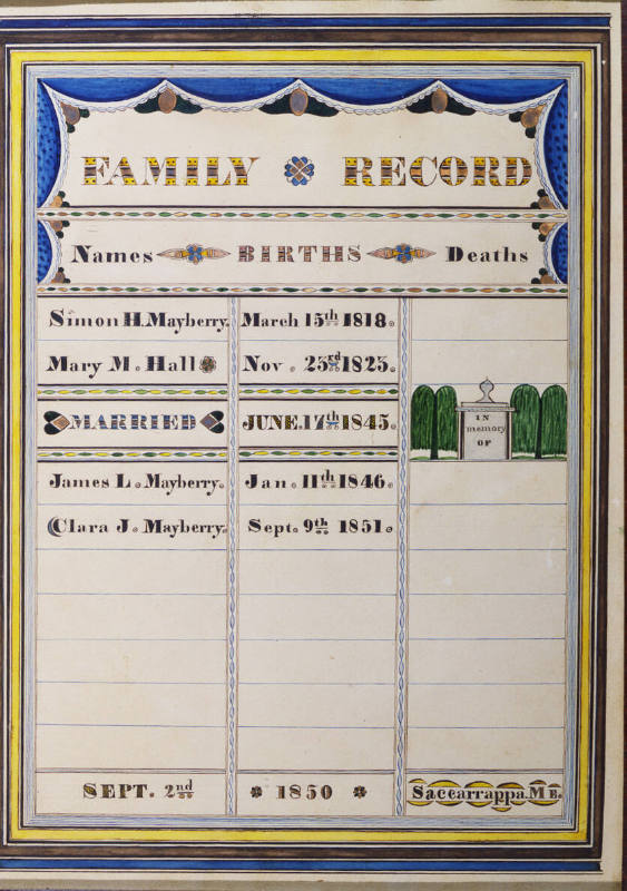 Heart & Hand Artist, “Fraktur; Simon H. Mayberry-Mary H. Family Record,” Saccarrappa, Maine, c.…