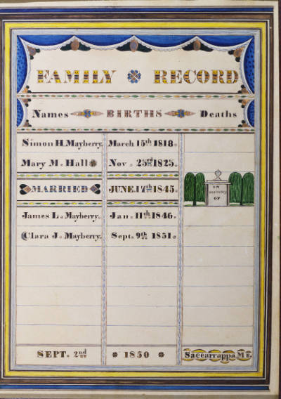 Heart & Hand Artist, “Fraktur; Simon H. Mayberry-Mary H. Family Record,” Saccarrappa, Maine, c.…