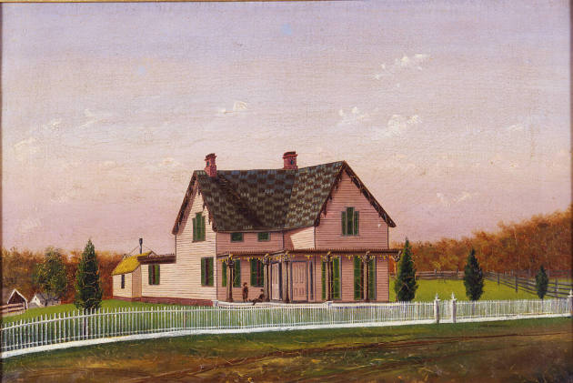 Artist unidentified, “The Pink House,” Probably New England, 1860, Oil on canvas, 16 × 24 1/2 i…