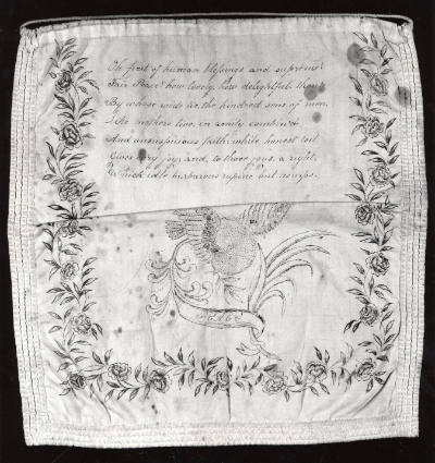Artist unidentified, “Reticule or Work Bag: Peace”, Probably New England, 1815, Cotton, thread,…