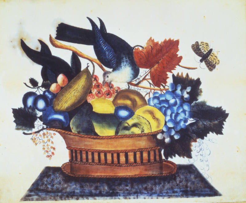 Theorem Painting: Fruit, Bird, and Butterfly
Artist unidentified
United States
c. 1825–1840
…