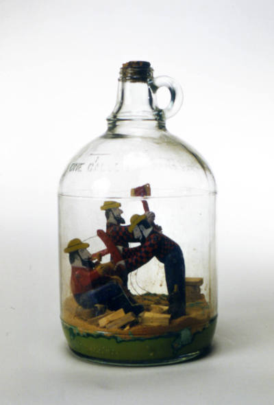 Artist unidentified, “Three Men Cutting and Splitting Logs”, Found in Vermont, n.d., Glass, pai…