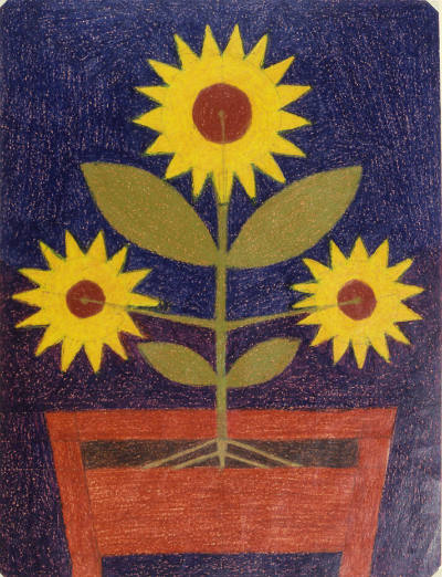 Eddie Arning, (1898–1993), “Sunflowers,” Austin, Texas, 1964–1993, Pencil, green marker and wax…