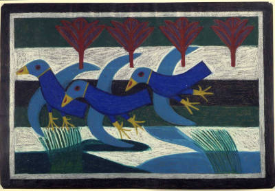 Eddie Arning, (1898–1993), “Three Birds Flying”, Austin, Texas, n.d., Oil pastel on brown woven…