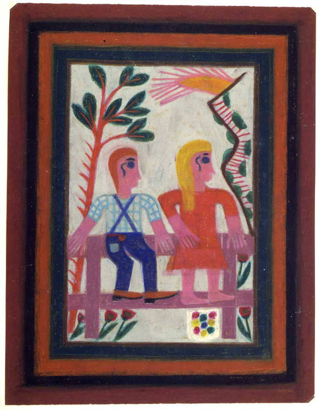 Eddie Arning, (1898–1993), “Boy and Girl Sitting On Fence”, Austin, Texas, n.d., Oil pastel on …