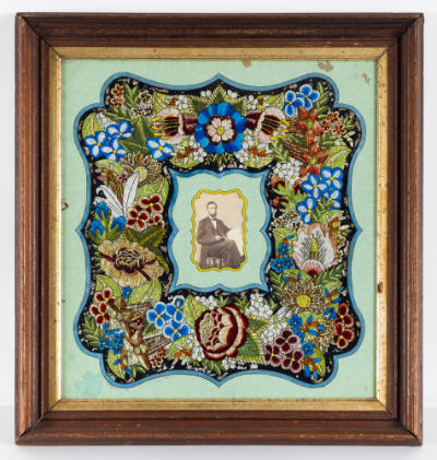 Artist unidentified, “Tinsel Painting with Photograph of Abraham Lincoln,” United States, c. 18…