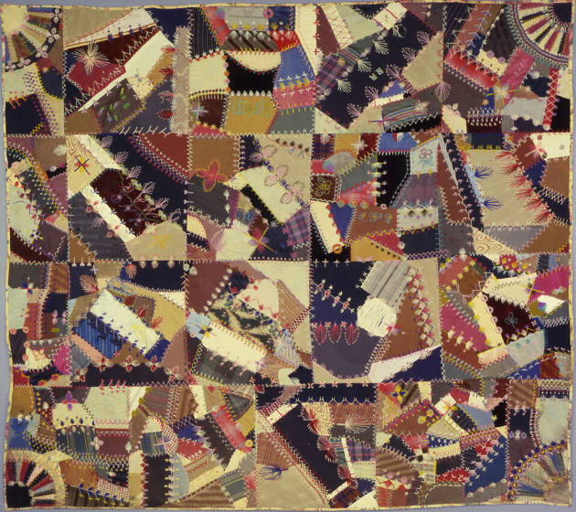 Artist unidentified, “Crazy Quilt with Corner Fans,” Colerain, Ohio, 1895, Wool, silk, velvet, …