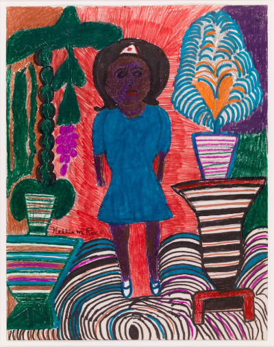 Nellie Mae Rowe, (1900–1982), “Untitled (woman in nurse's cap standing on striped rug)”, Vining…