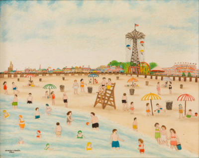 Vestie Davis, (1903–1978), Beach with Parachute Jump, New York City, 1960, Oil on canvas, 16 × …