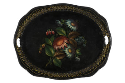 Artist unidentified, “Tray”, Russia, 19th Century, Paint on sheet-metal, 5/8 x 12 x 15 1/4 in.,…