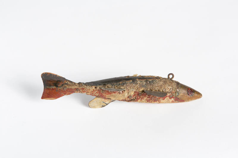 Artist unidentified, “Fish Decoy,” Wisconsin, 1900–1950, Paint on wood, metal, snakeskin, 2 × 8…