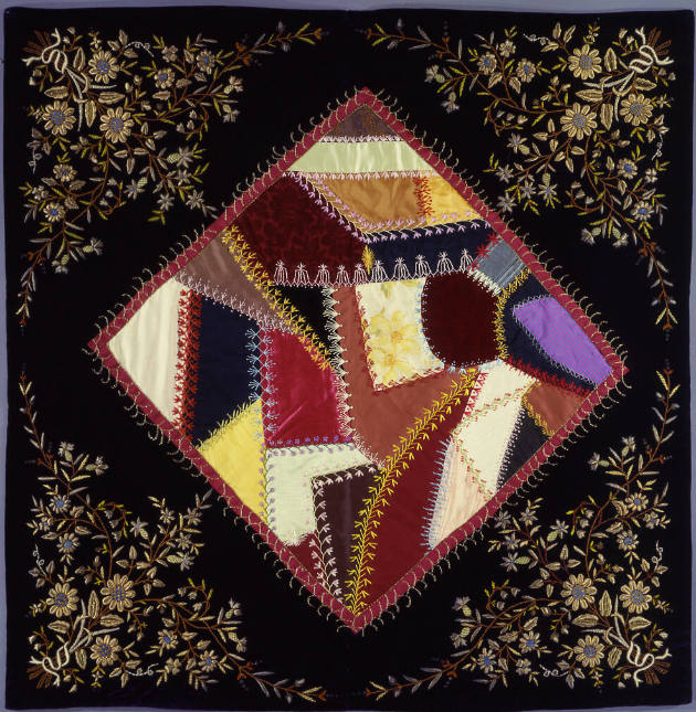 Artist unidentified, “Crazy Patchwork Mat,” Green Bay, Wisconsin, 1885–1900, Silks, including p…