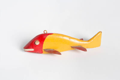 Artist unidentified, “Red and Yellow Fish Lure with Pearl Eyes”,  United States, n.d., Wood, me…