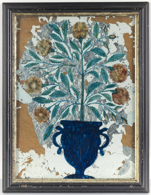 Artist unidentified, “Flowers in Blue Vase”, United States, 1850–1875, Reverse painting on glas…