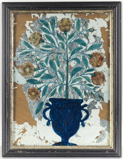 Artist unidentified, “Flowers in Blue Vase”, United States, 1850–1875, Reverse painting on glas…