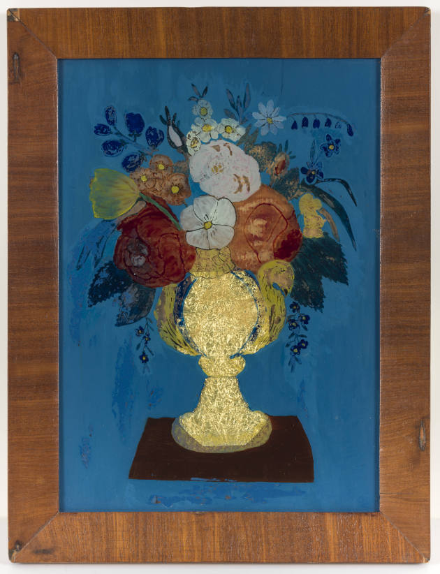 Artist unidentified, “Flowers in Gold Vase, Blue Background”, United States, 1850–1875, Reverse…