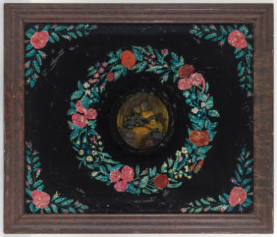 Artist unidentified, “Wreath of Flowers with Photograph of Woman Holding Child and Infant,” Uni…