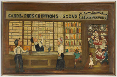 Emily Lunde, (b. 1914), “Pharmacy”, Grand Forks, North Dakota, n.d., Oil on canvas, 23 × 36 in.…