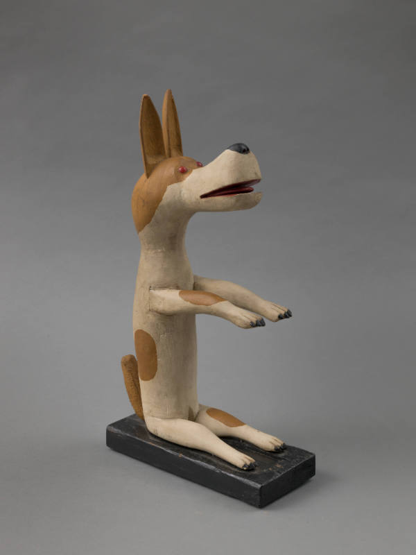 Artist unidentified, “Sitting Dog,” Found in Pennsylvania, 1950–1960, Paint on wood, glass eyes…