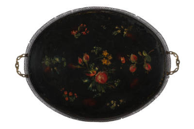 Artist unidentified, “Tray”, Pontypool, England, n.d., Paint on sheet-iron, 1 x 16 1/4 x 22 7/8…