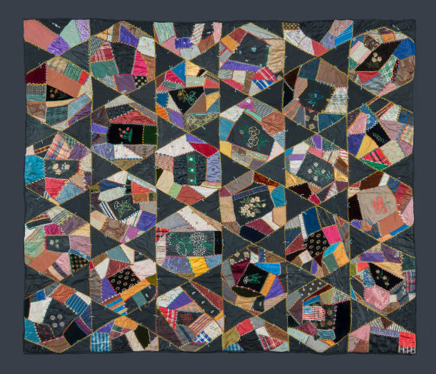 Artist unidentified, “LMH Crazy Star Quilt,” Possibly Vermont, 19th century, Silks, including s…