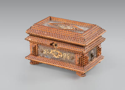 Artist unidentified, “Tramp Art Box with mirrored lid”, United States, 1898, Wood with brass an…