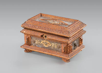 Artist unidentified, “Tramp Art Box with mirrored lid”, United States, 1898, Wood with brass an…