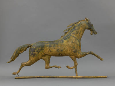 Artist unidentified, “Running Horse Weathervane,” United States, c. 1880, Gold leaf on copper, …