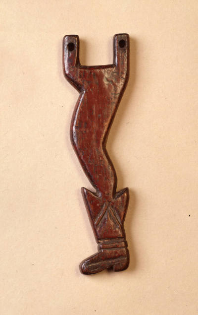 Artist unidentified, “Slingshot: Leg and Boot,” Guatemala, c.1965–1985, Paint on wood, 6 1/2 × …