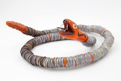 Ron Rodriguez, “Bottle Cap Snake,” Tesuque, New Mexico, 1985, Bottlecaps, white plastic, black …