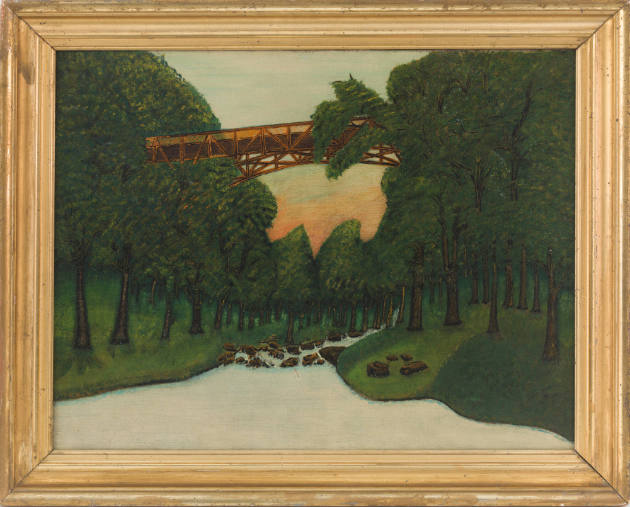 Artist unidentified, “Painting of Bridge,” United States, 19th century, Oil on canvas, 26 1/2 ×…
