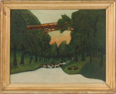 Artist unidentified, “Painting of Bridge,” United States, 19th century, Oil on canvas, 26 1/2 ×…