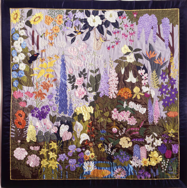 Pauline G. McCall, “Garden Jewels,” Tampa, Florida, 1991, Satin, cotton, embroidery floss, brai…