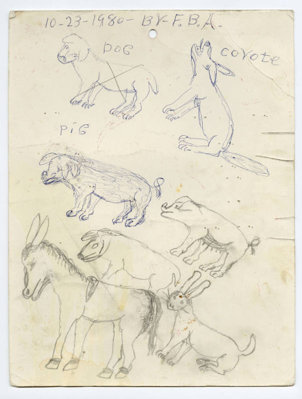 Felipe Benito Archuleta, (1910–1991), “Pigs, Dog, Coyote, Mule, Hare”, Tesuque, New Mexico, 198…