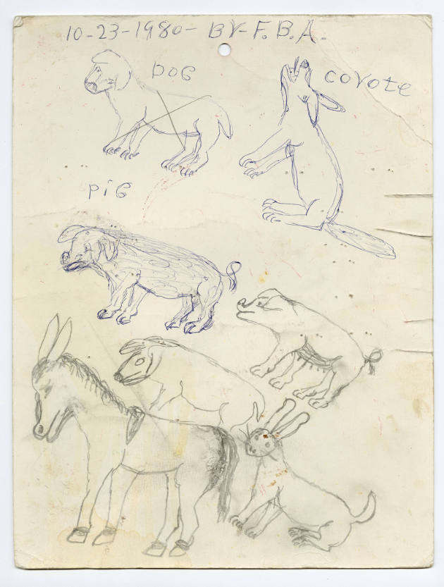Felipe Benito Archuleta, (1910–1991), “Pigs, Dog, Coyote, Mule, Hare”, Tesuque, New Mexico, 198…