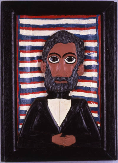 Elijah Pierce, (1892–1984), “Abraham Lincoln,” Columbus, Ohio, c. 1974, Paint on wood, 13 5/8 ×…