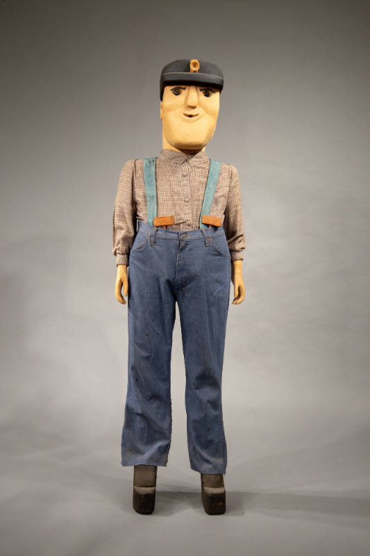 Troy Webb, “Male Figure,” Kentucky, 20th century, Paint on carved wood with cloth, 63 × 20 × 11…