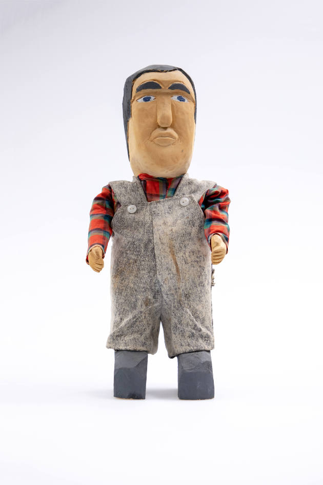 Judy Webb, “Male Figure,” Kentucky, 20th Century, Paint on carved wood with cloth, 17 1/2 × 7 ×…
