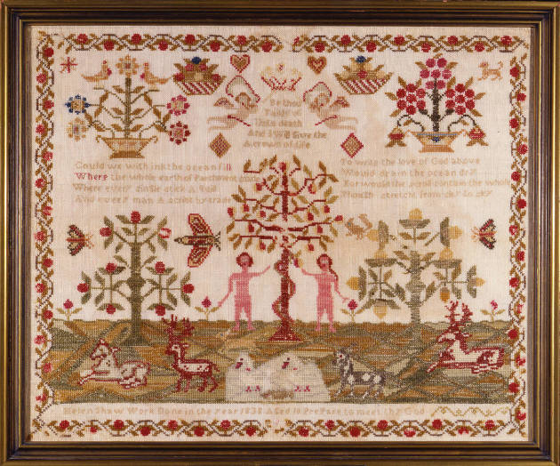 Helen Shaw, “Adam and Eve,” United States or England, 1835, Wool thread on a wool ground, 22 × …