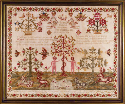 Helen Shaw, “Adam and Eve,” United States or England, 1835, Wool thread on a wool ground, 22 × …