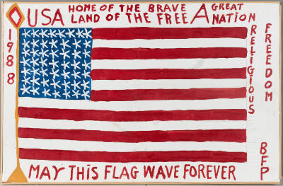 B.F. Perkins, “MAY THIS FLAG WAVE FOREVER”, Alabama, 1988, Oil on canvas, 22 1/2 × 34 1/2 in., …