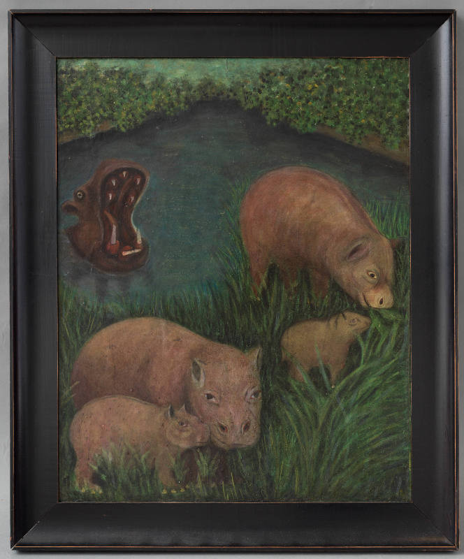 Ellis Ruley, “Hippos”, United States, c. 1950, Oil on Masonite, 30 x 24 in., Collection of the …