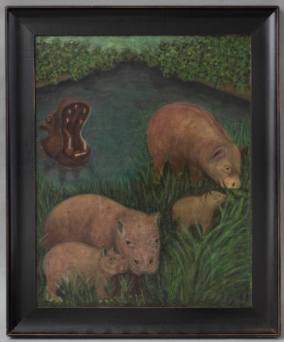 Ellis Ruley, “Hippos”, United States, c. 1950, Oil on Masonite, 30 x 24 in., Collection of the …