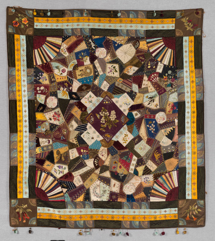 Artist unidentified, “Crazy Quilt”, United States, 1800 - 1900, Silk, velvet, embroidery thread…
