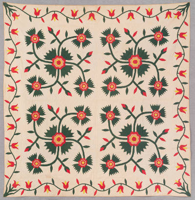 Artist unidentified, “Tulip Cross Applique Quilt”, Probably Pennsylvania, 1850–1900, Cotton, 87…