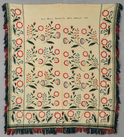 Lucy Healy,  “Embroidered Blanket”, Dansville, New York, n.d., Wool blanket with crewel embroid…