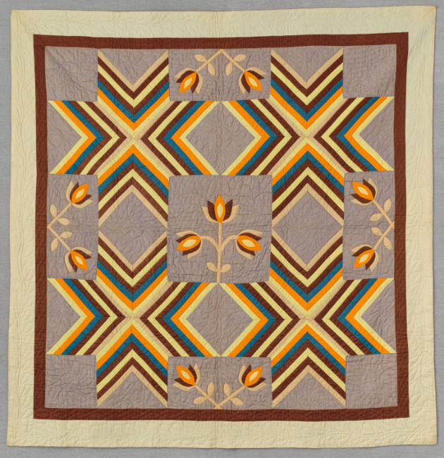 Artist unidentified, “Tulip and Rainbow Star Quilt”, Possibly Pennsylvania, c. 1890, Pieced and…