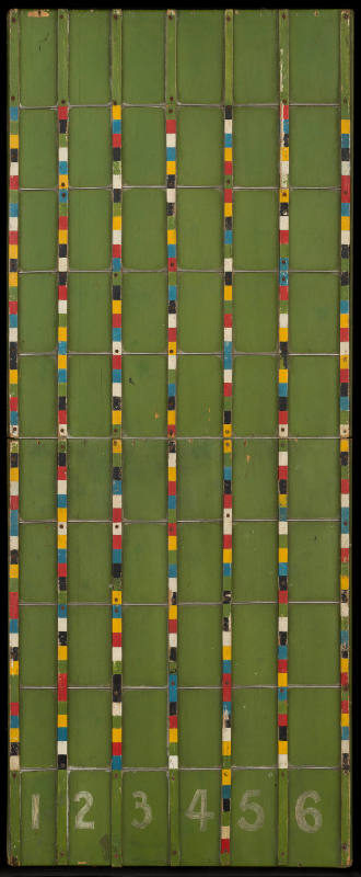 Artist unidentified, “Gameboard- 6 lanes”, United States, n.d., Wood, paint, nails, 31 × 12 1/4…