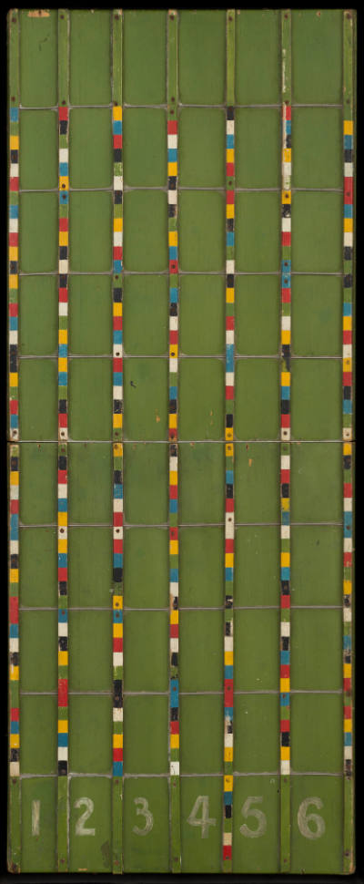 Artist unidentified, “Gameboard- 6 lanes”, United States, n.d., Wood, paint, nails, 31 × 12 1/4…